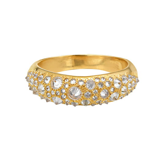 18K yellow gold and spiked white diamond dome ring by Tamsin Rasor on white background