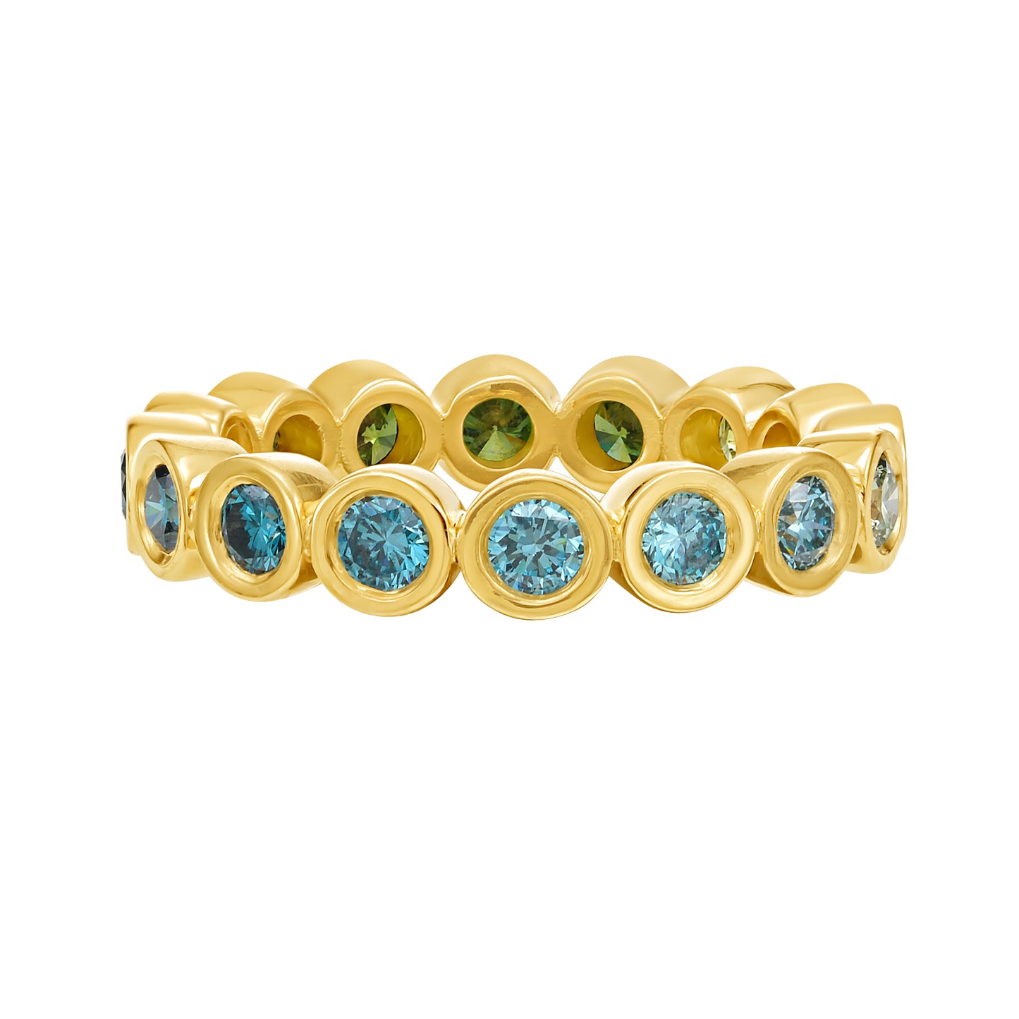 Blue and Green ombré color diamond eternity ring in yellow gold bezel setting, by Tamsin Rasor on white background