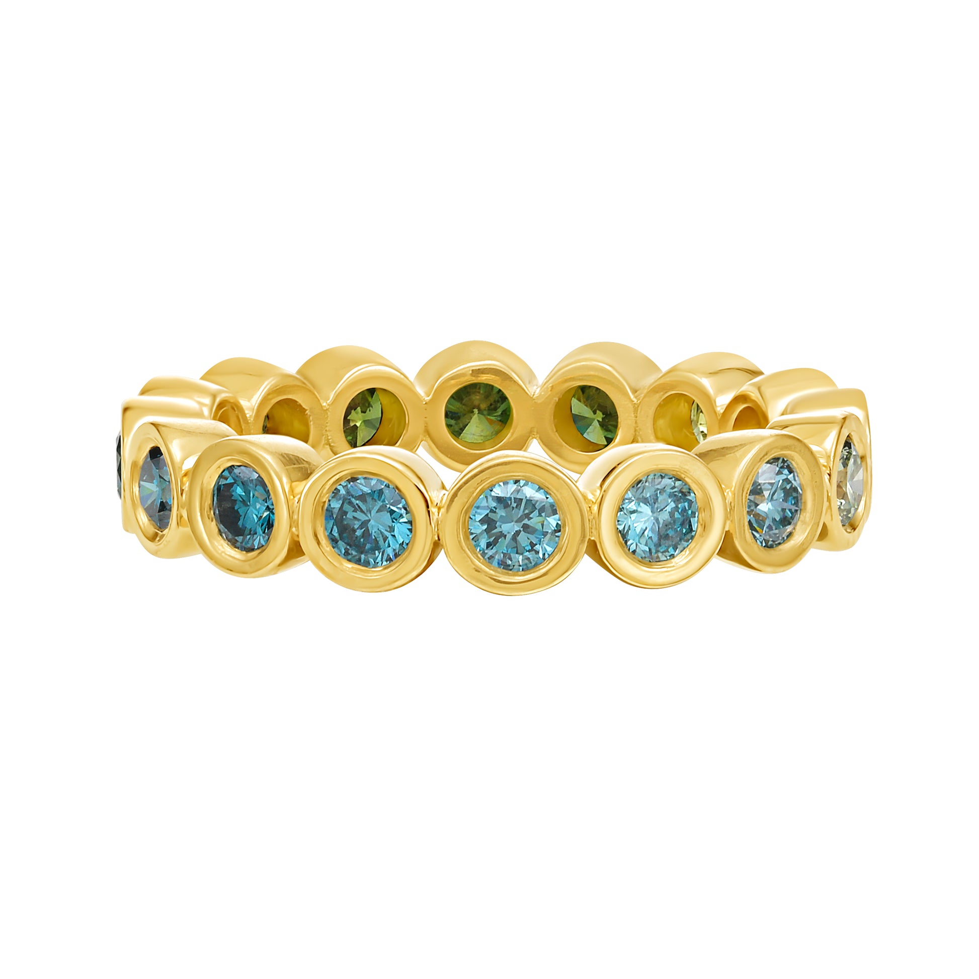 Blue and Green ombré color diamond eternity ring in yellow gold bezel setting, by Tamsin Rasor on white background