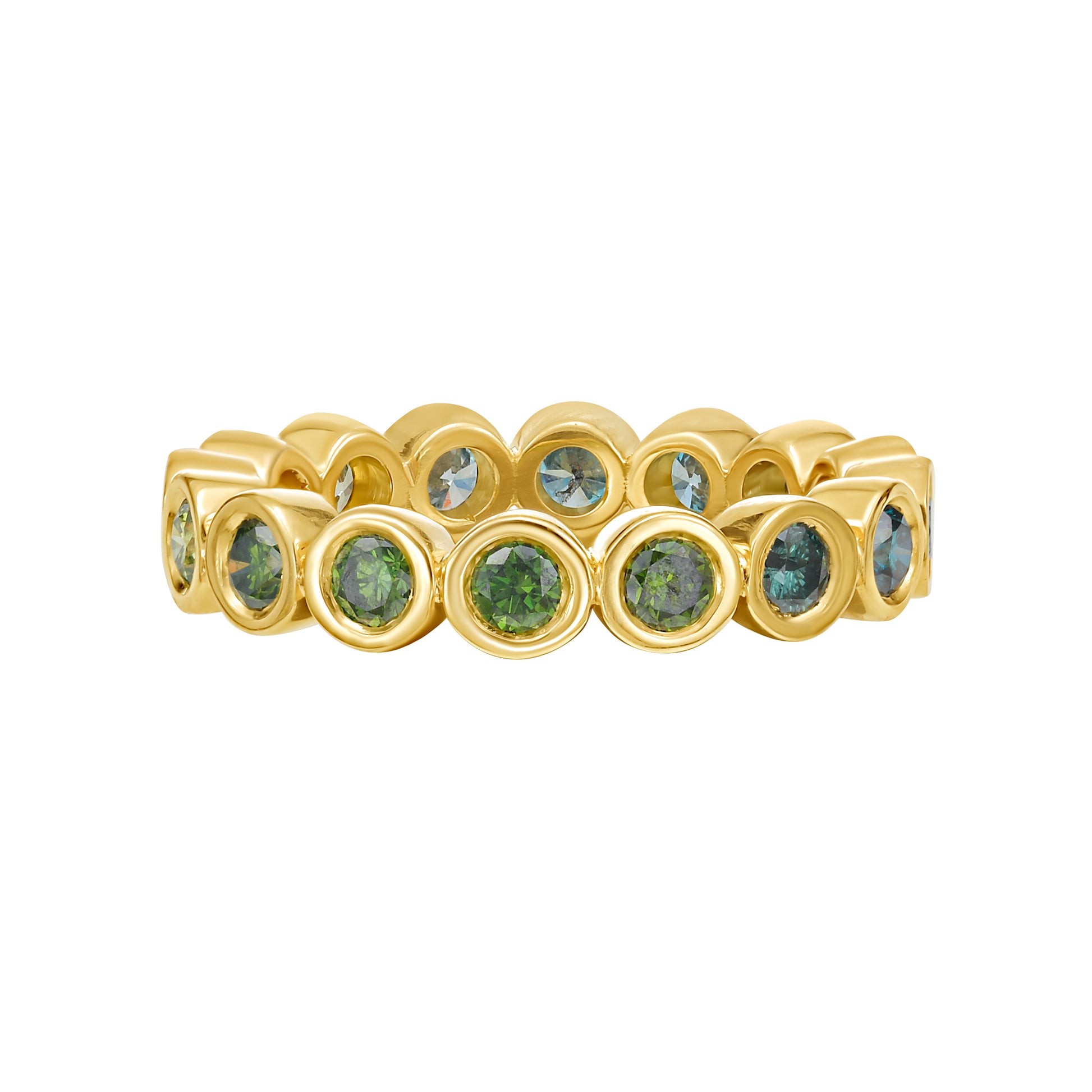 Blue and Green ombré color diamond eternity ring in yellow gold bezel setting, by Tamsin Rasor on white background