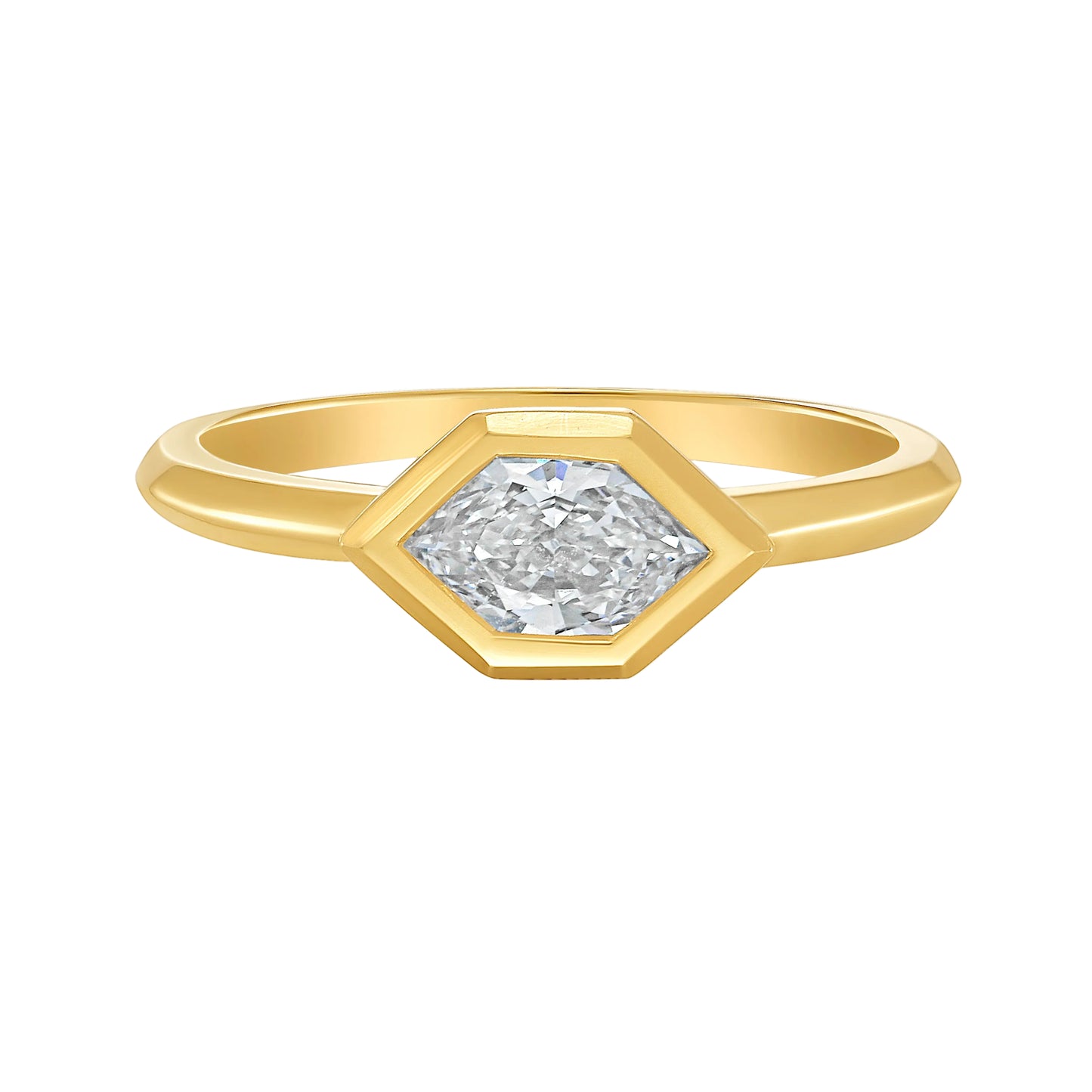 Gold bezel set ring with a Duchess cut white diamond on a white background by Tamsin Rasor