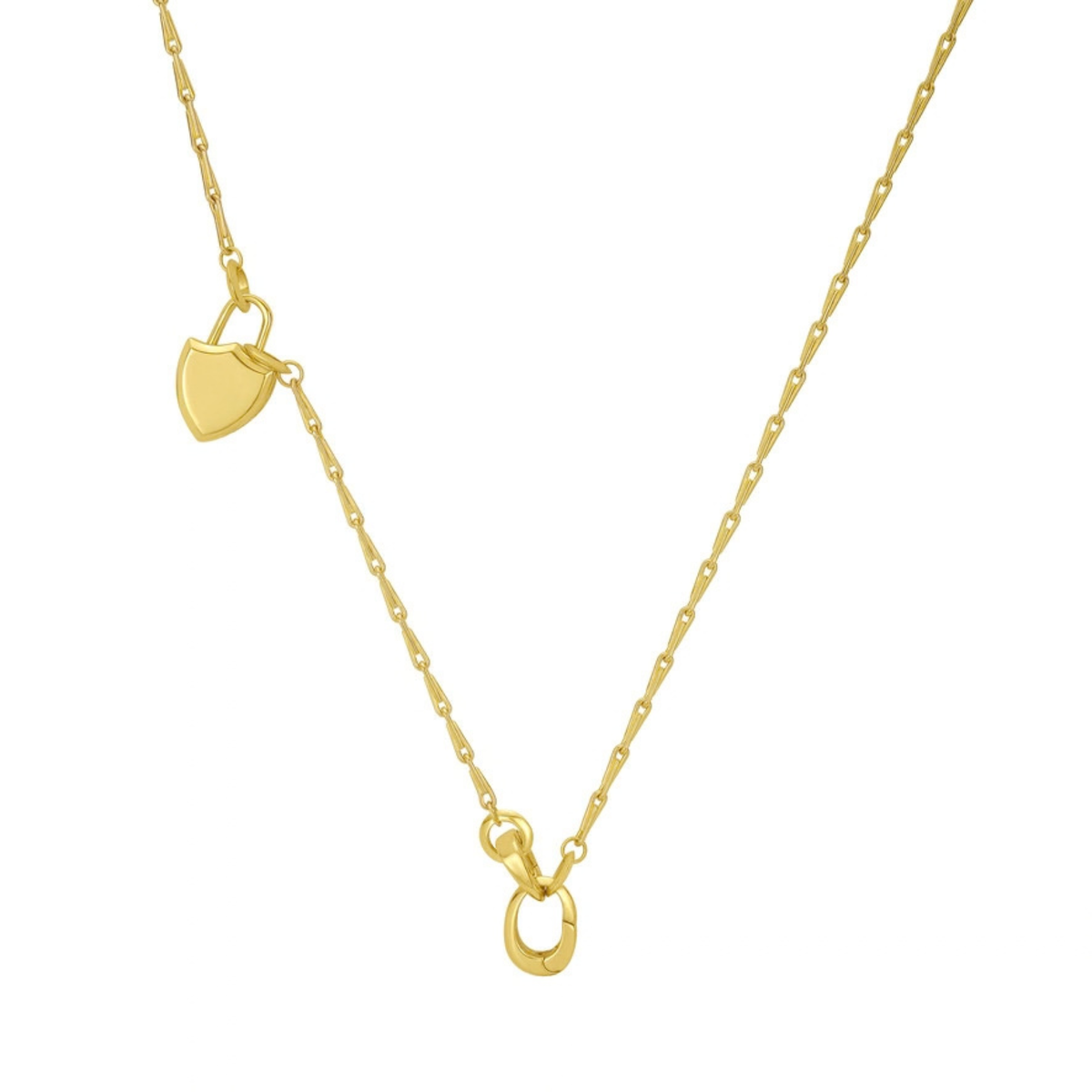 A delicate yellow gold chain necklace featuring a small shield shaped padlock locket charm and a small open oval ring clasp, displayed on a clean white background.