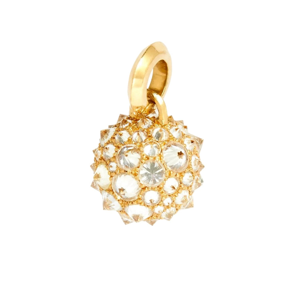 An inverted diamond pave covered orb charm with a fixed bail against white background, by Tamsin Rasor
