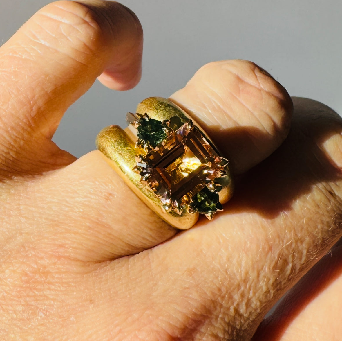 Morganite and Sapphire Makhaira Trilogy Ring