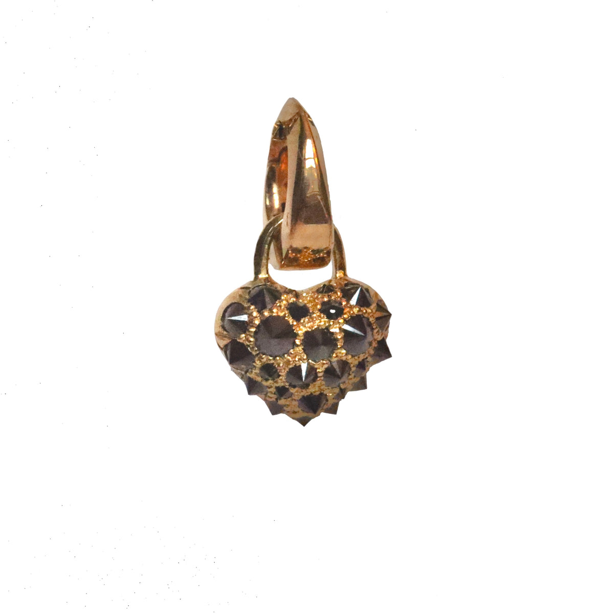 Gold heart-shaped pendant with spiked black diamond pavé shown against a white background. Pendant shown with removable clip bail