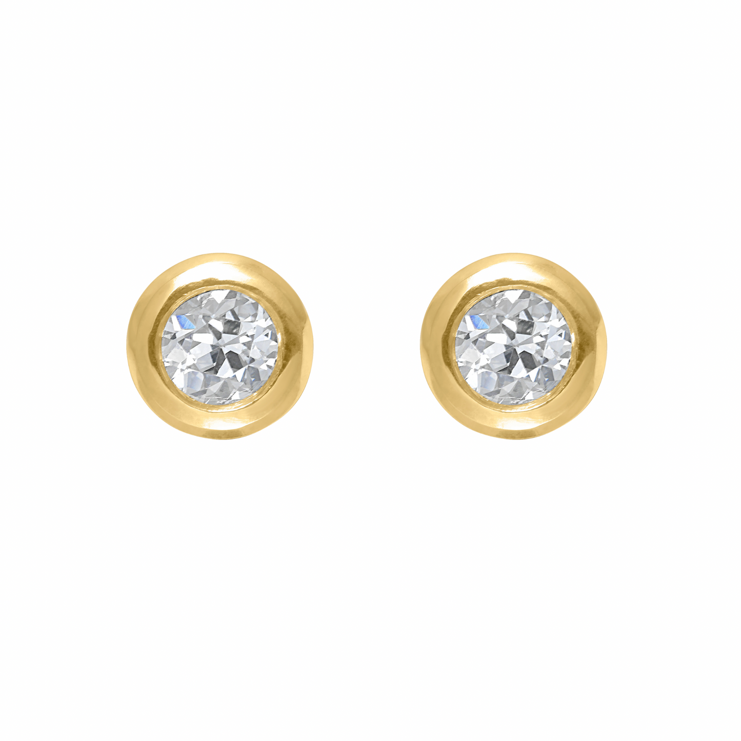 18k gold and OEC Diamond bezel set studs by Tamsin Rasor on a white background