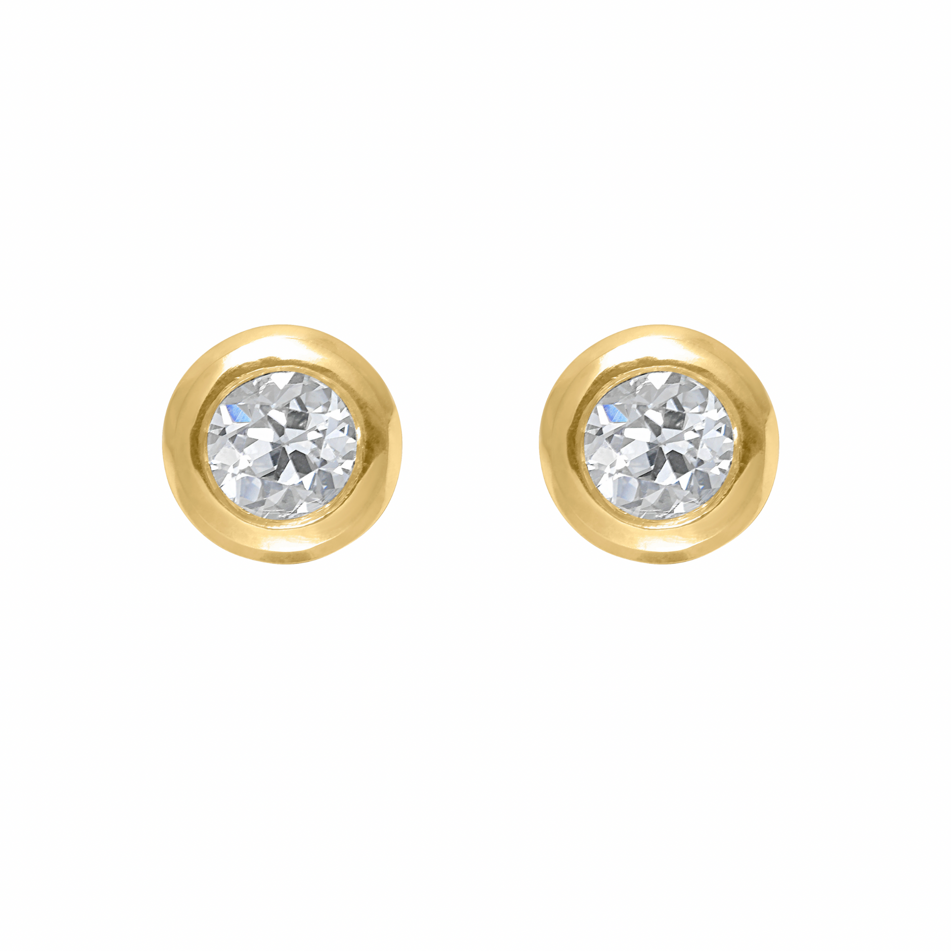 18k gold and OEC Diamond bezel set studs by Tamsin Rasor on a white background