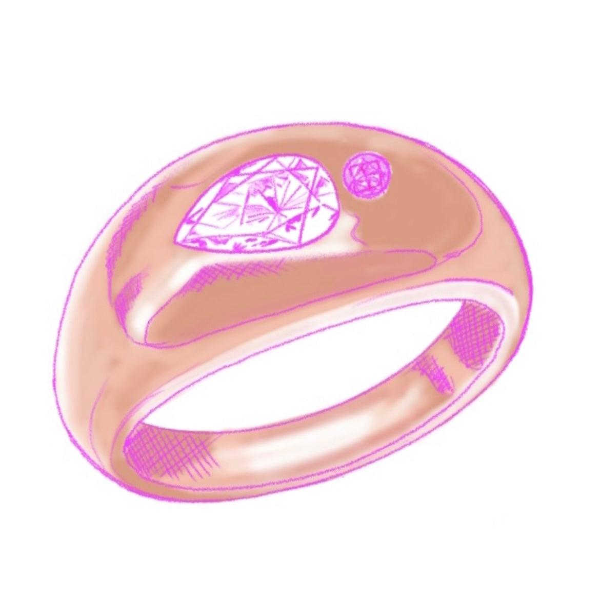 Sketch of domed rose gold and diamond ring with pink sapphire accent stone on white background 