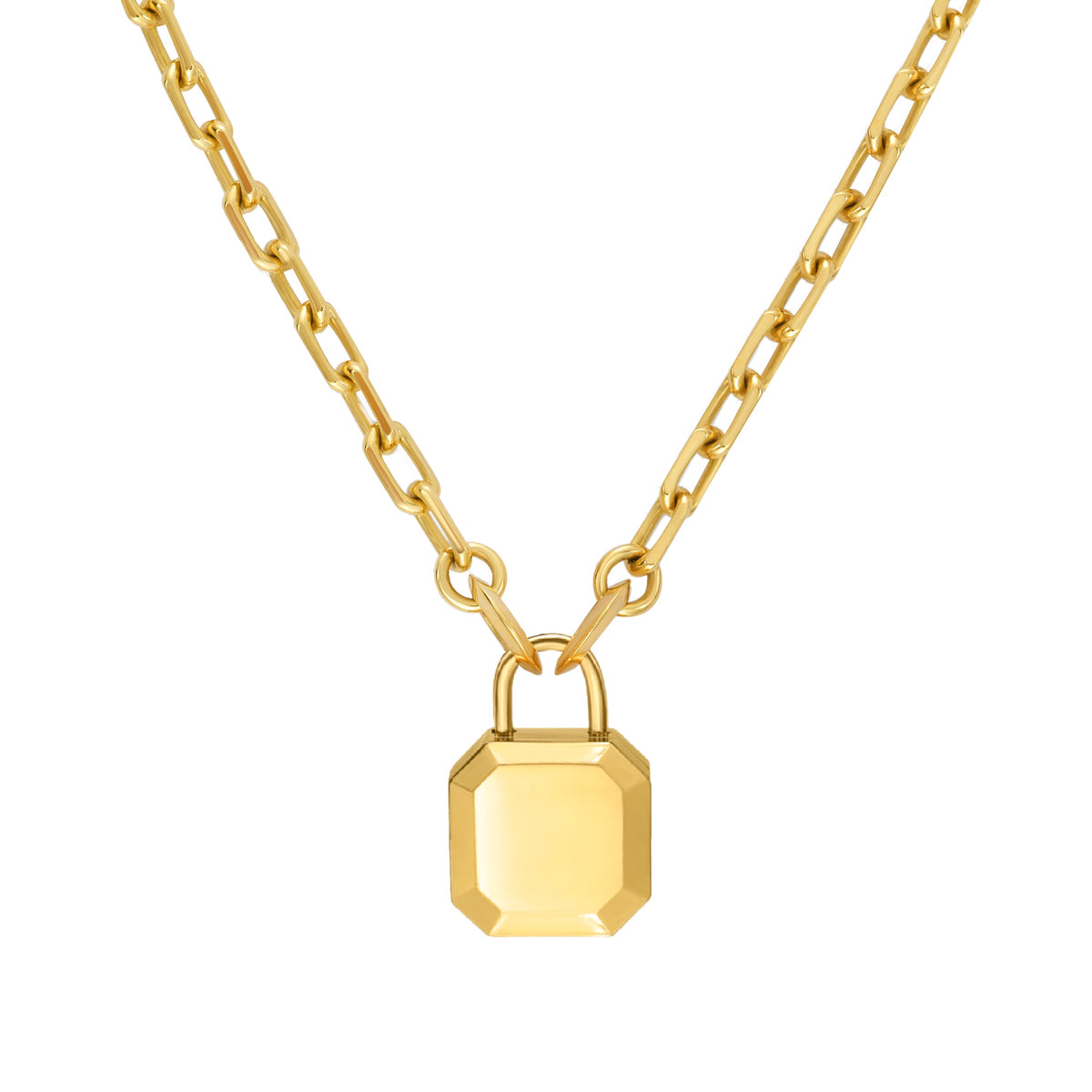 A gold-colored miniature padlock shaped pendant shown on a chunky gold diamond cut cable chain against a plain white background, by Tamsin Rasor.