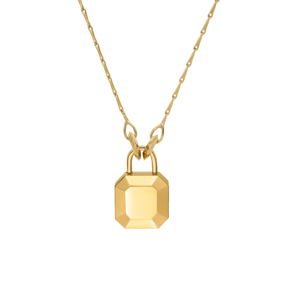 A gold-colored miniature padlock shaped pendant shown on a barley corn gold chain against a plain white background, by Tamsin Rasor.