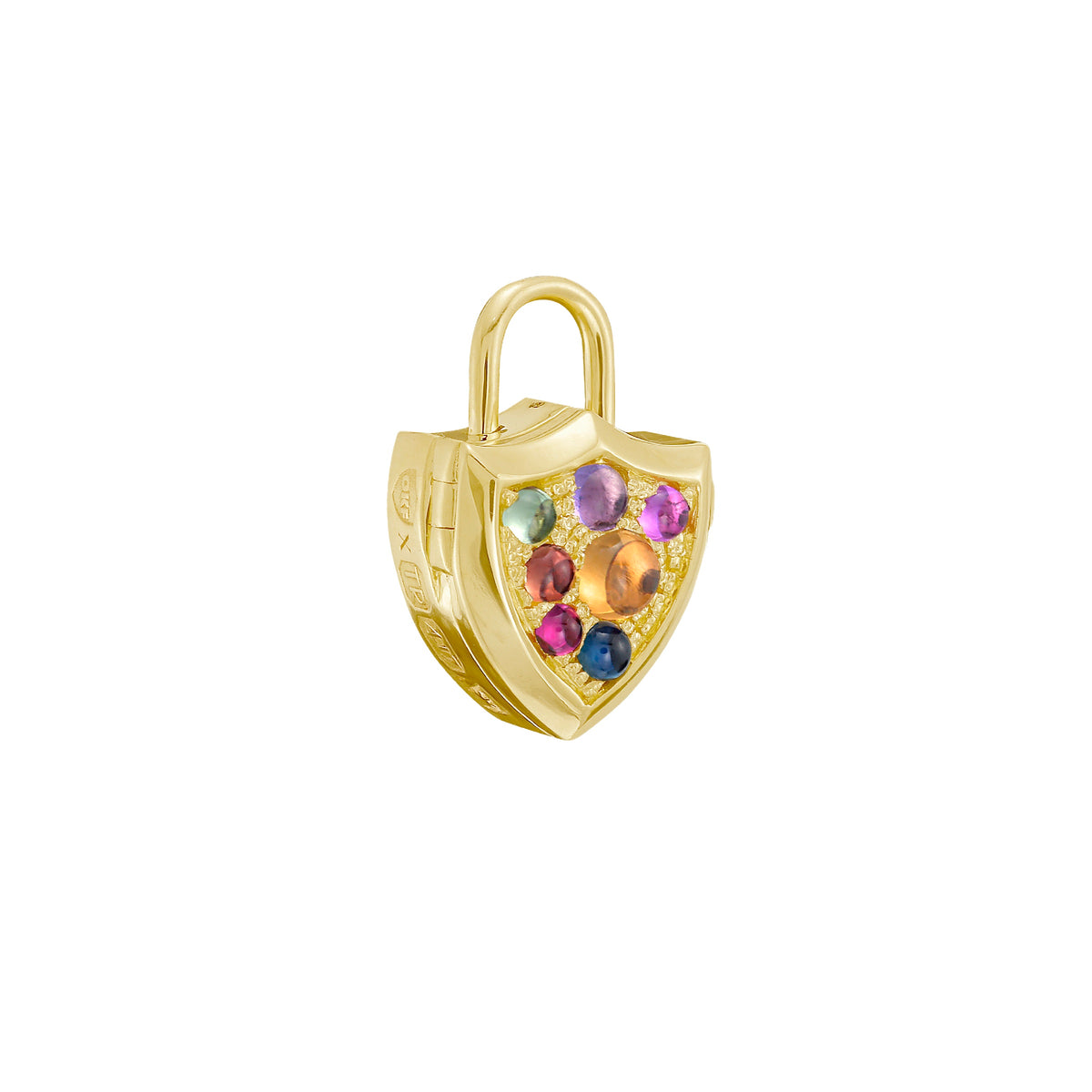 A gold shield-shaped padlock inspired locket pendant , seen from side , showing gold hall marks. The front of the locket is covered in small,  multicolored  cabochon gemstones in pink, purple, blue, and green, set against a plain white background. By Tamsin Rasor
