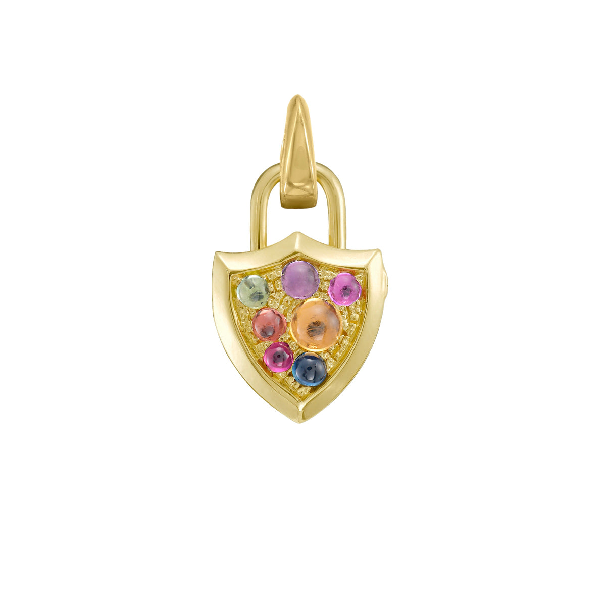 A gold shield-shaped padlock inspired locket pendant covered in small,  multicolored  cabochon gemstones in pink, purple, blue, and green, set against a plain white background. Pendant is hanging from a removable clip bail. By Tamsin Rasor