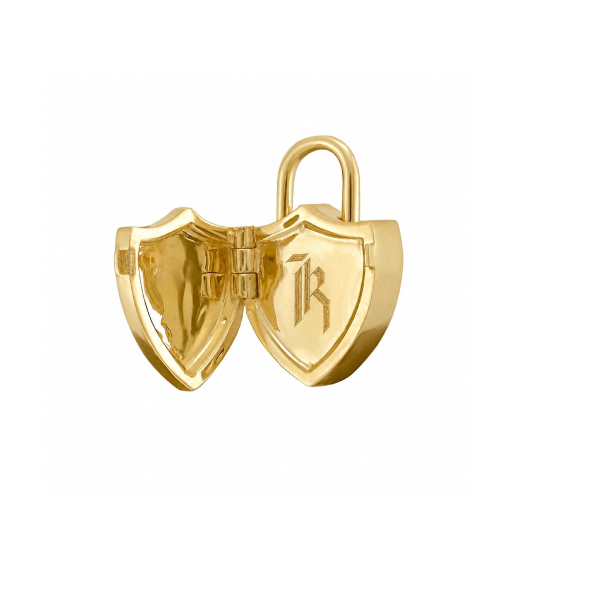 A polished gold shield-shaped locket pendant with a top loop, shown open on a plain white background. The inside of the shield is engraved with a stylized monogram letter 'K'.