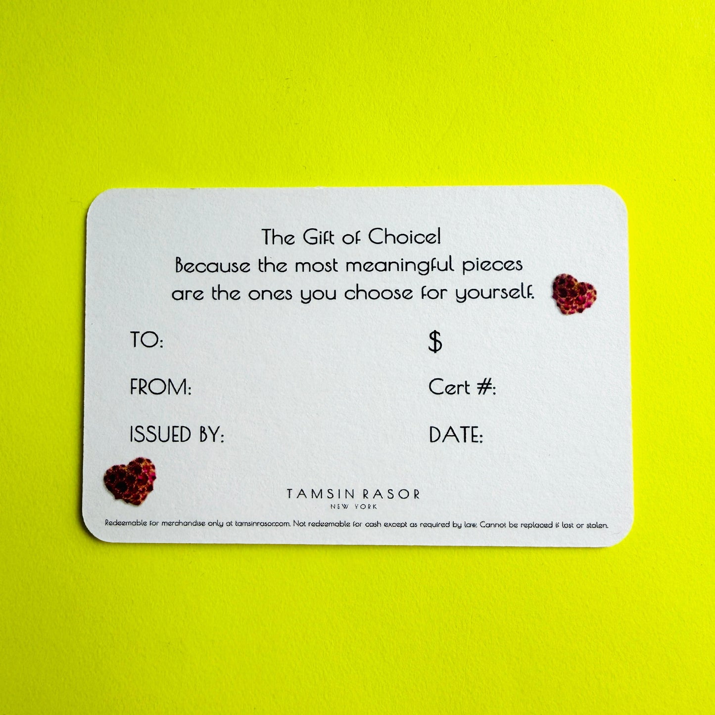 Back of Tamsin Rasor gift card on neon yellow background