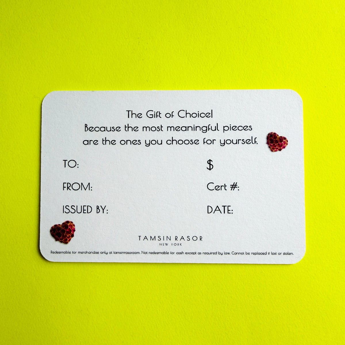 Back of Tamsin Rasor gift card on neon yellow background
