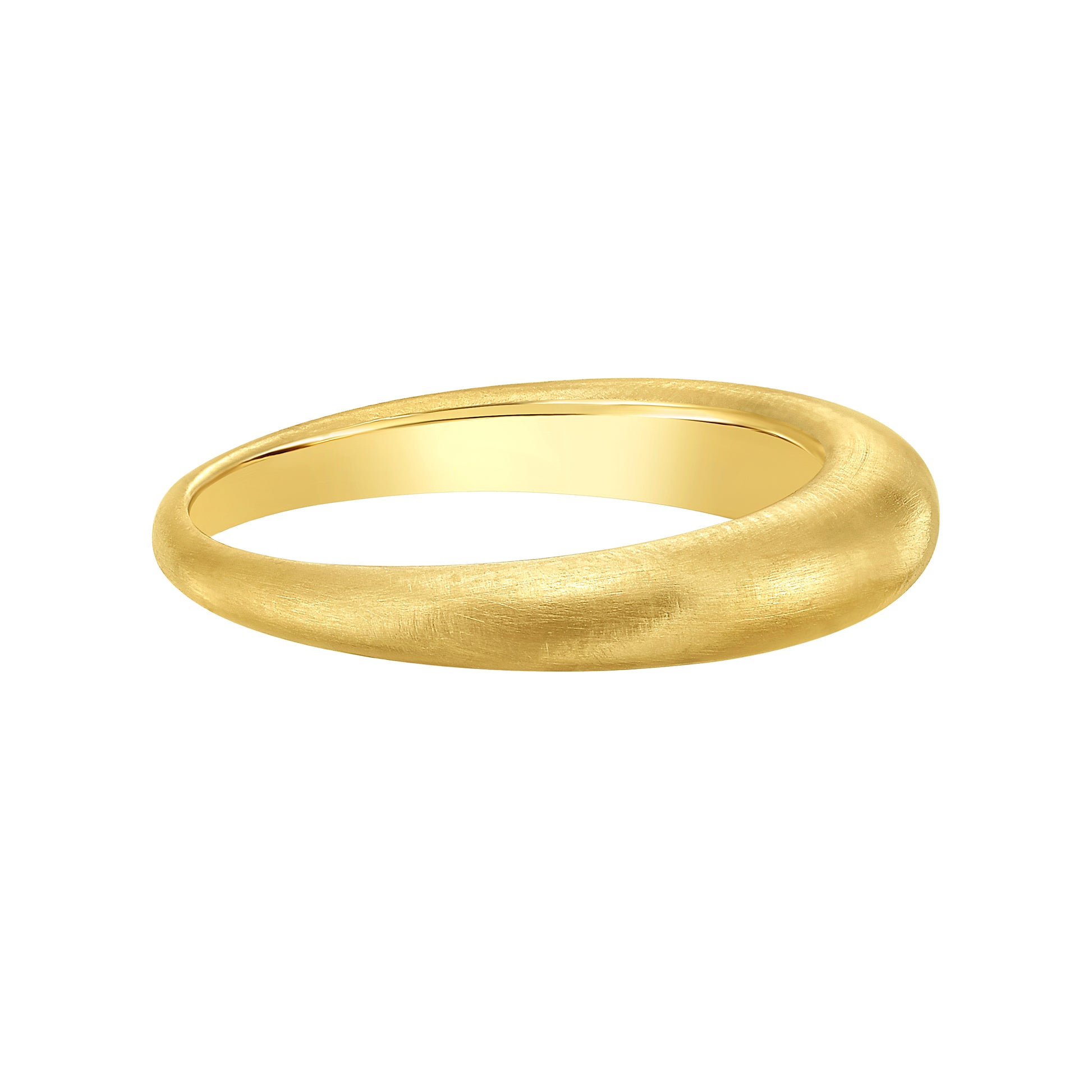 A brushed satin textured matte gold dome ring, seen from side on a clean white background.