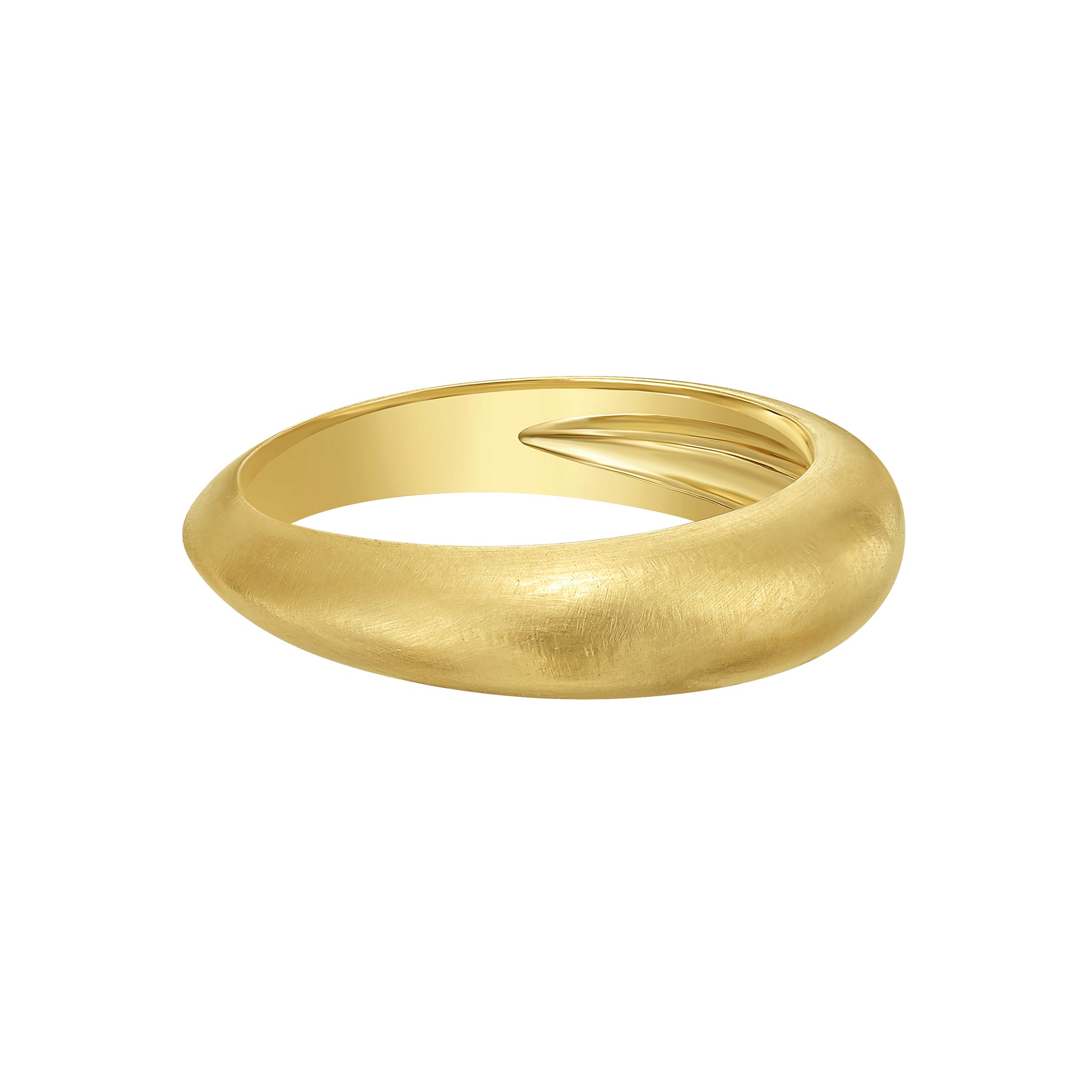 A brushed matte satin finish yellow gold dome shaped stacking ring with a knife edge rear detail, by Tamsin Rasor, shown on a plain white background