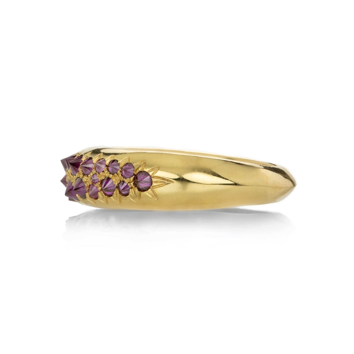 Gold and lavender diamond spiked Duomo dome ring, seen from side on white background by Tamsin Rasor