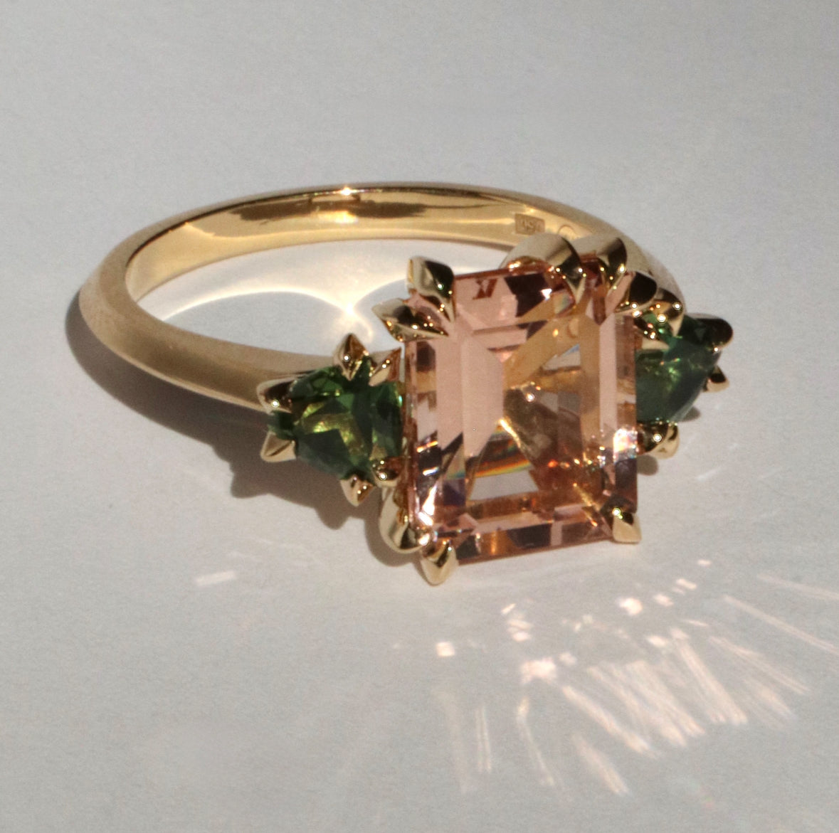 Morganite and Sapphire Makhaira Trilogy Ring