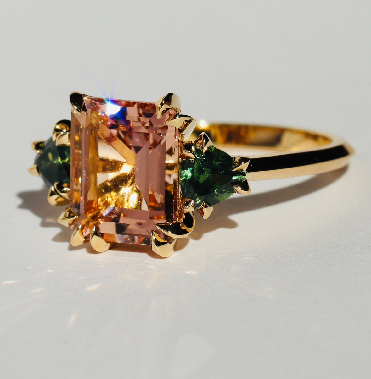 Morganite and Sapphire Makhaira Trilogy Ring