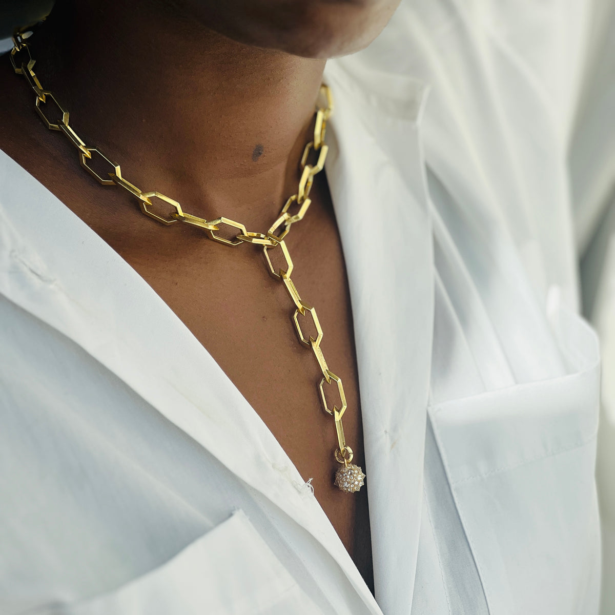 diamond orb charm on yellow gold makhaira chain "y" necklace 