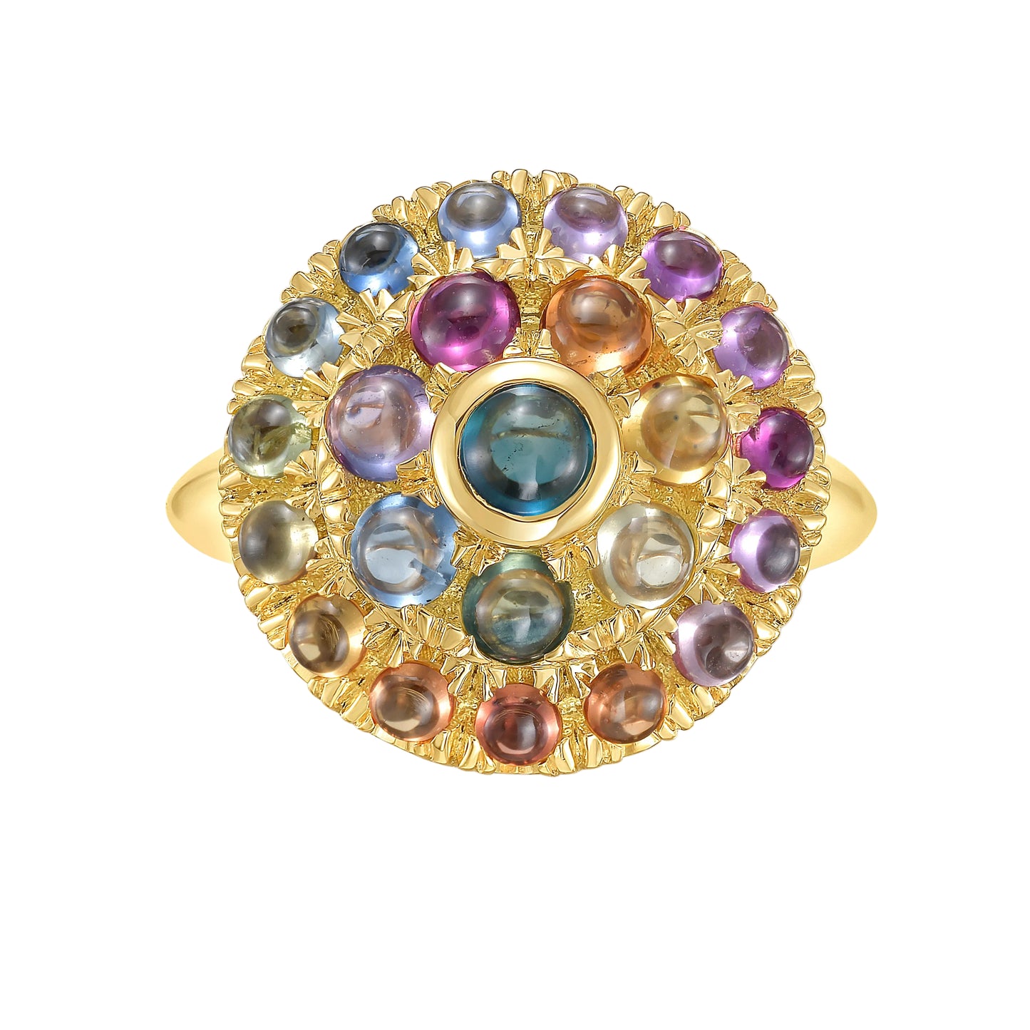 18k Gold rosette style ring with multicolored cabochon sapphires on a white background, by Tamsin Rasor