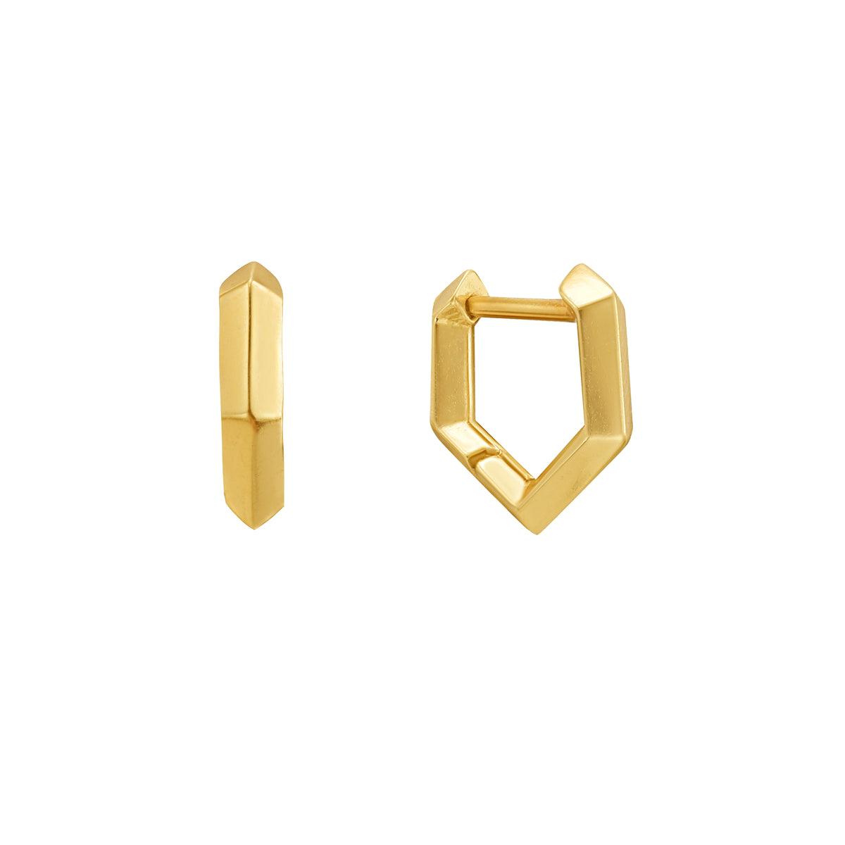 A pair of gold geometric hoop earrings with a faceted, angular design, shown from front and side views on a plain white background.