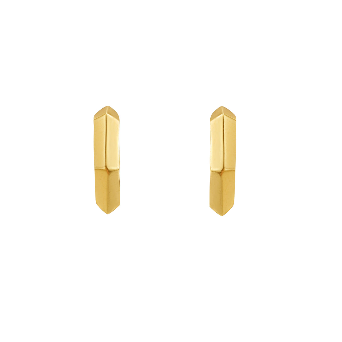 A pair of gold geometric huggie hoop earrings with a faceted, angular design, shown on a plain white background. By Tamsin Rasor