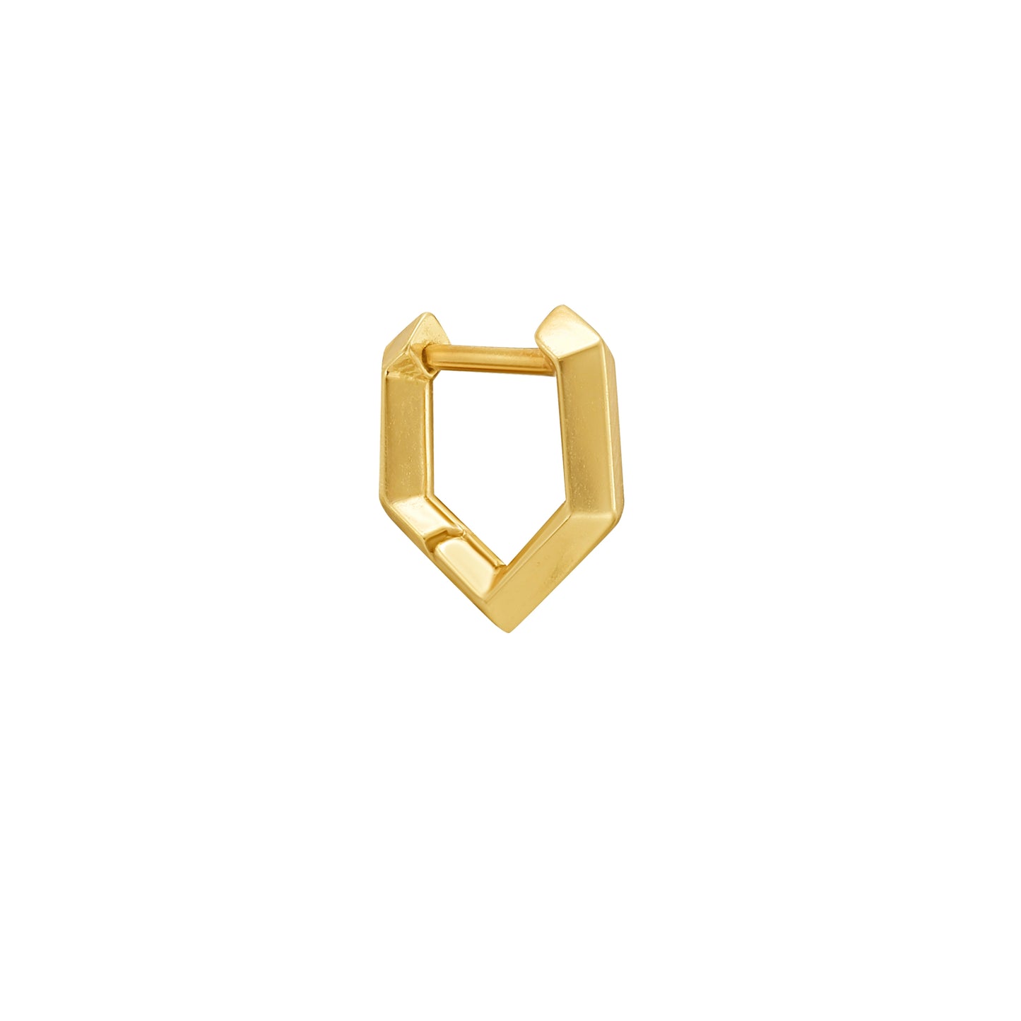 A small gold geometric huggie hoop earring with a faceted, angular design, shown on a plain white background. By Tamsin Rasor
