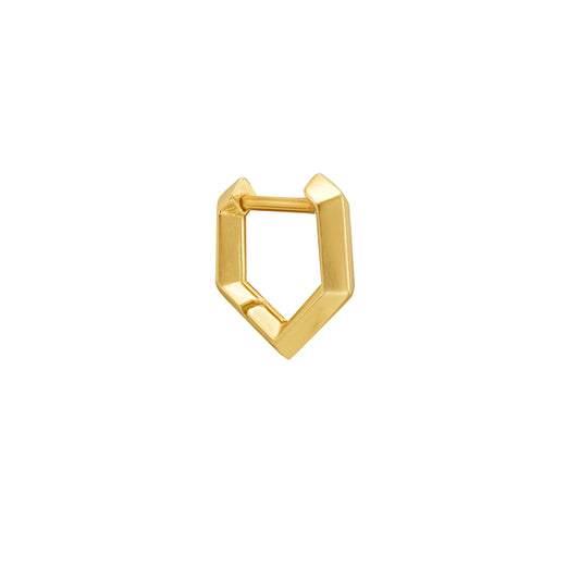 A small gold geometric huggie hoop earring with a faceted, angular design, shown on a plain white background. By Tamsin Rasor