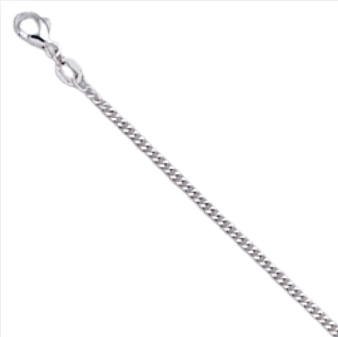 Platinum diamond cut curb chain with lobster clasp on white background