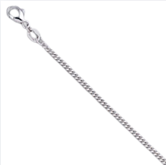 Platinum diamond cut curb chain with lobster clasp on white background