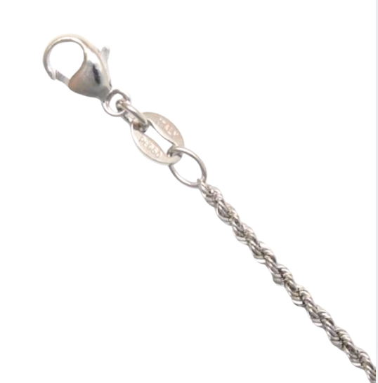 Platinum rope chain with lobster clasp on white background