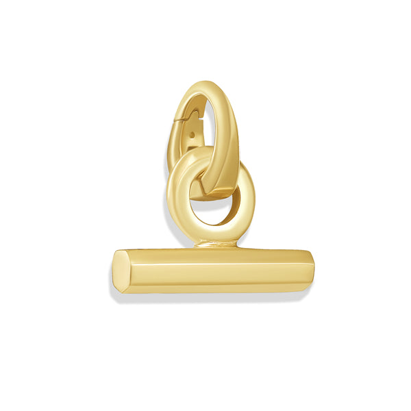 Gold T-bar pendant with removable clip bail, by Tamsin Rasor,  photographed against white background