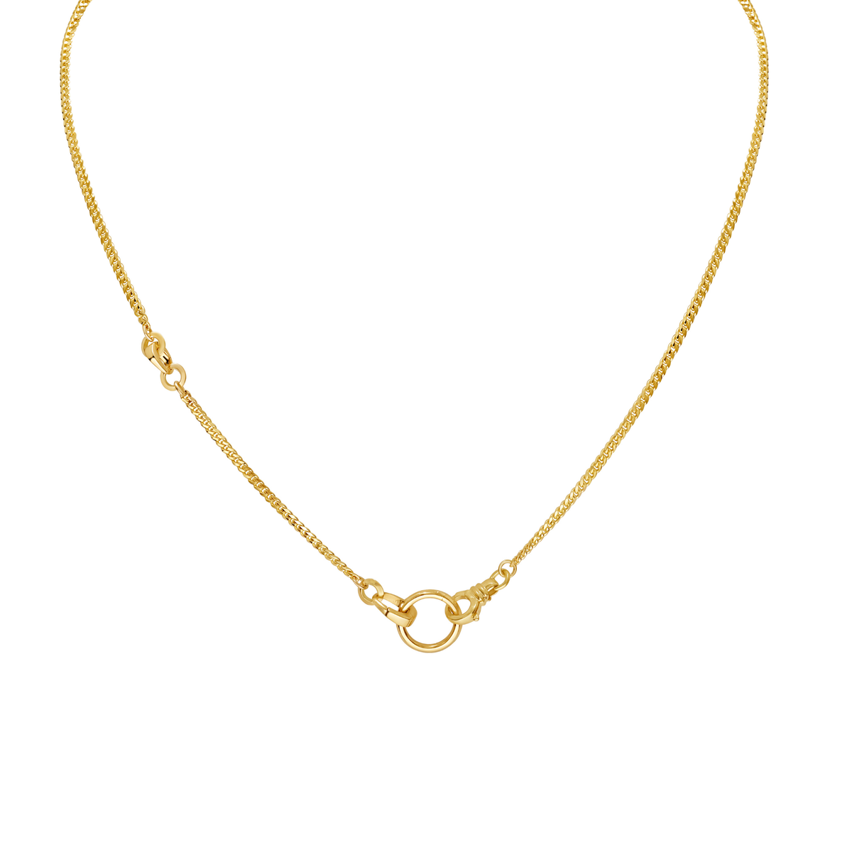 Convertible five piece chain. 2.4mm width, 18K curb chain lengthe in 16" and 2" long with three removable clip bails. Total chain length approx 20" shown on white background