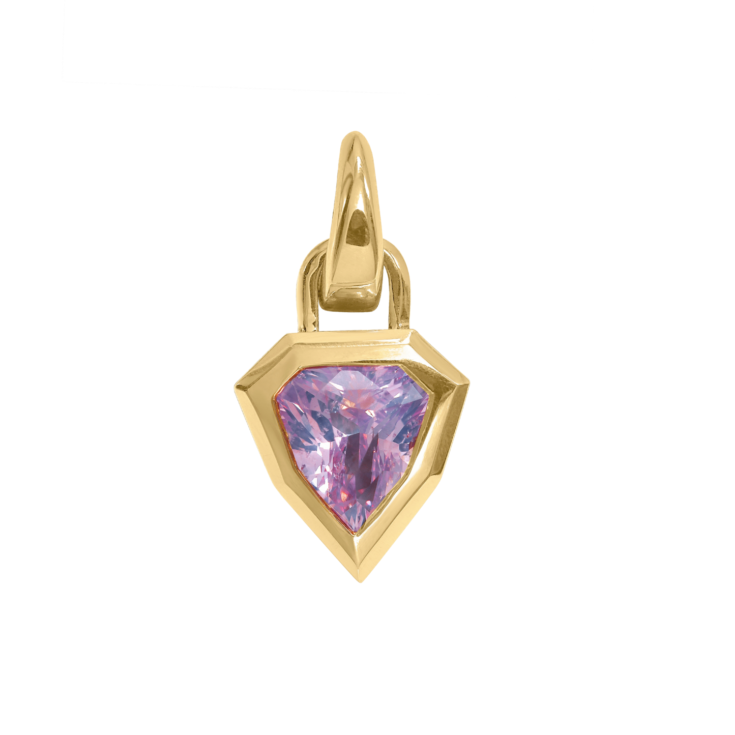 18 gold and pink purple shield cut sapphire pendant , by Tamsin Rasor, against white background