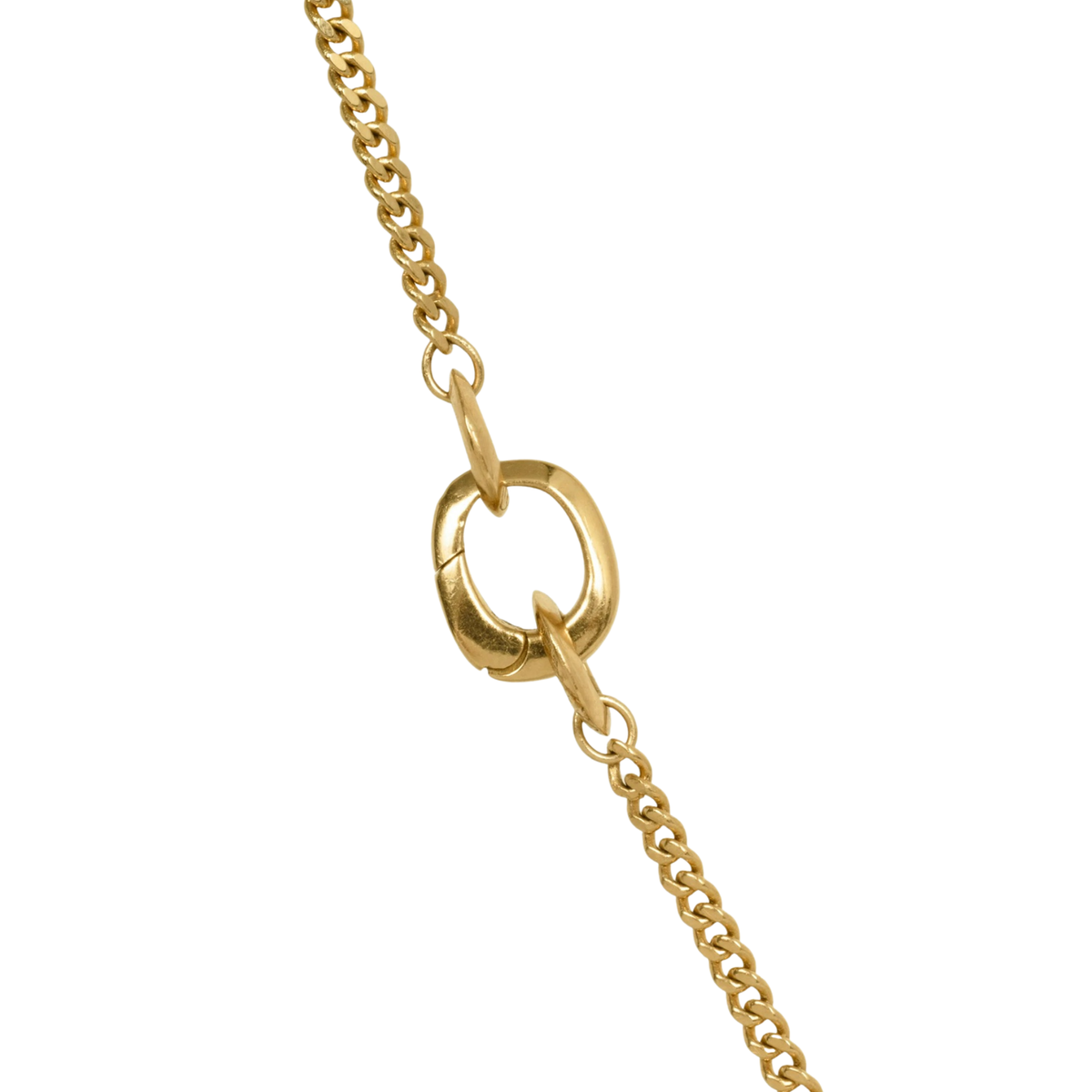 close up of clip bail holding two lengths of chain together on white background