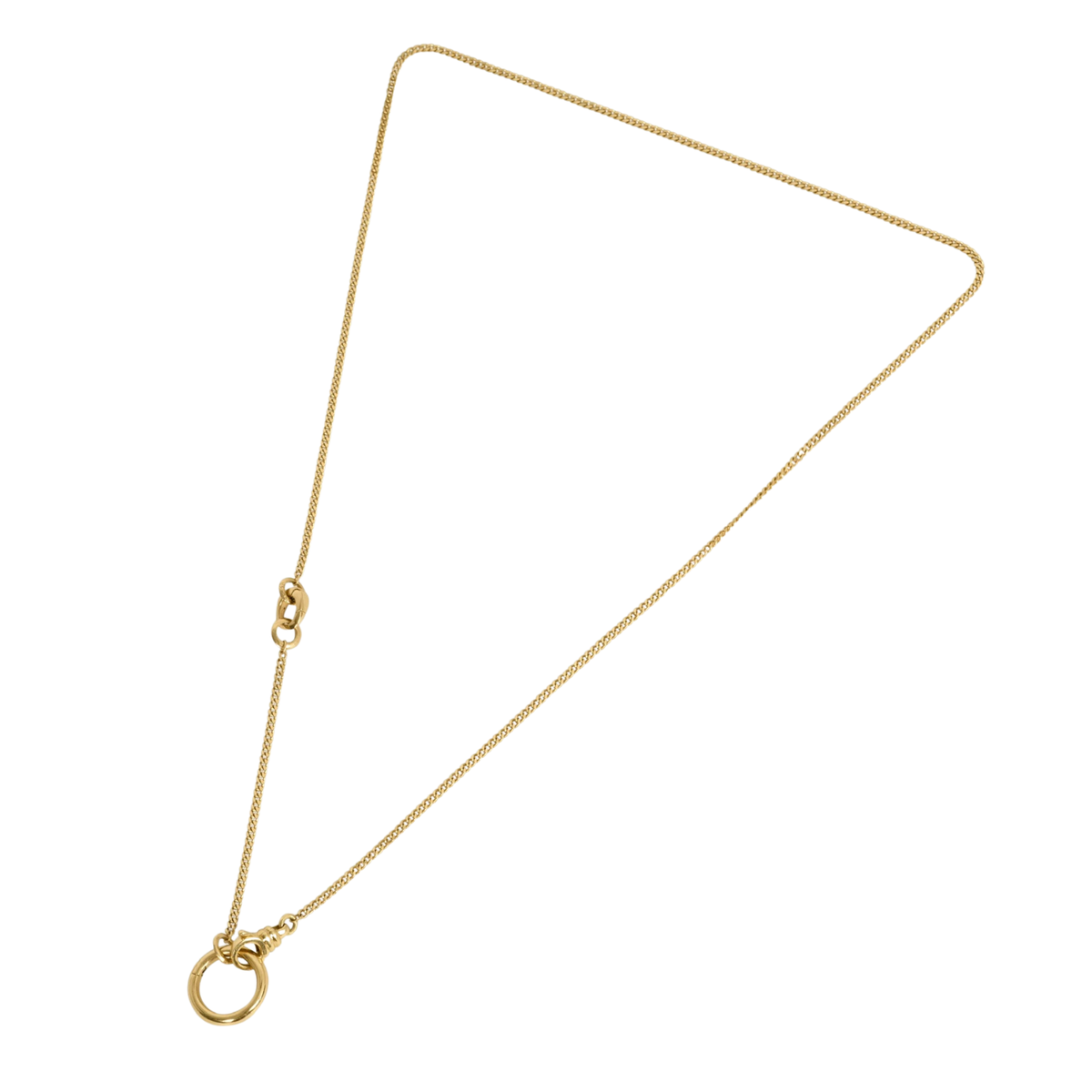 Convertible four piece chain. 1.75 mm width, 18K curb chain lengthe in 16" and 2" long with two removable clip bails. Total chain length approx 20" show on white background