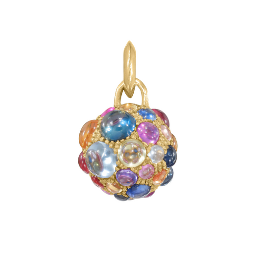 multicolor sapphire cabochon and yellow gold orb charm on white background by Tamsin Rasor