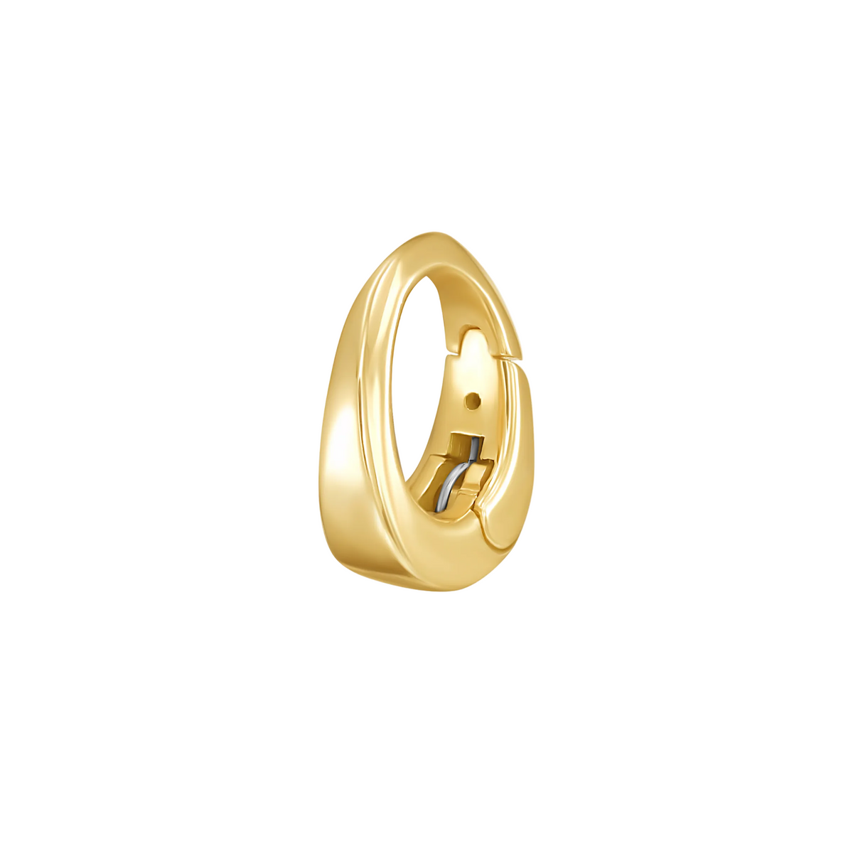 Gold oval shaped clip bail by Tamsin Rasor , photographed from front side  on white background.