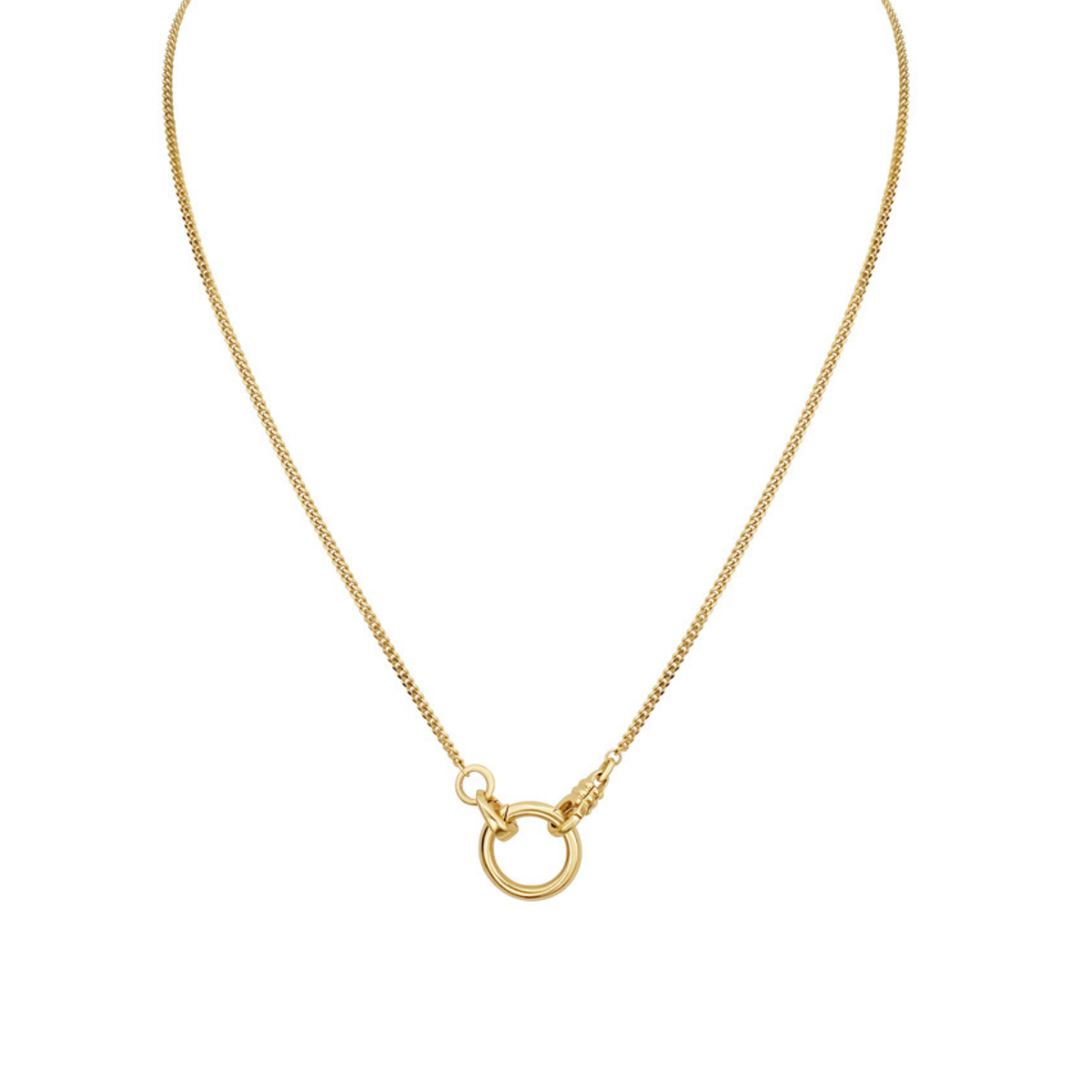 Convertible four piece chain. 1.75 mm width, 18K curb chain lengthe in 16" and 2" long with two removable clip bails. Total chain length approx 20" shown on white background
