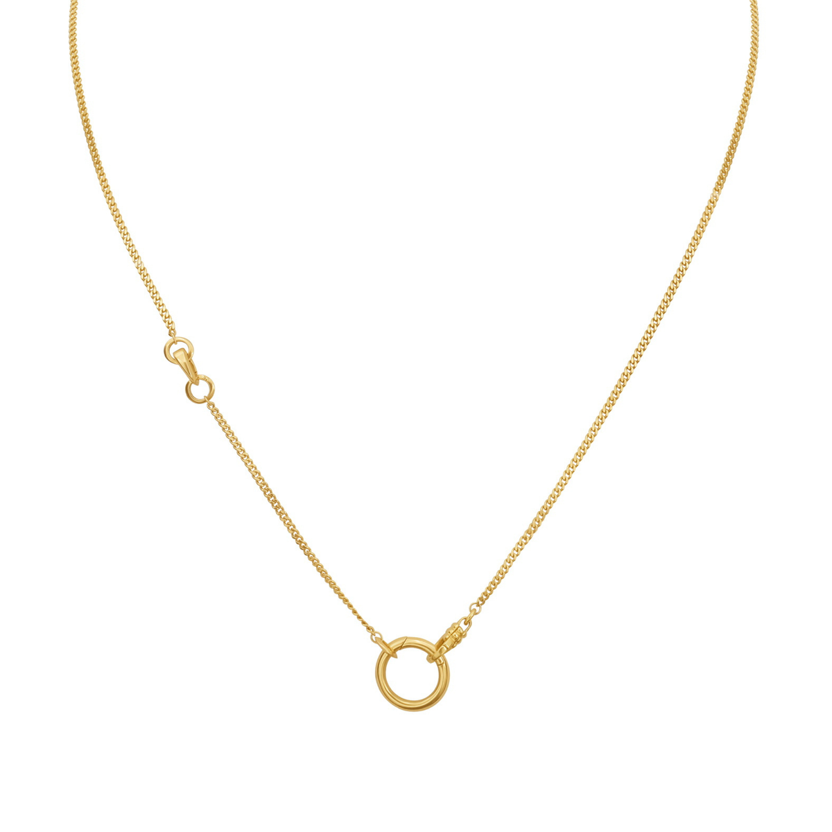 Convertible four piece chain. 1.75 mm width, 18K curb chain lengthe in 16" and 2" long with two removable clip bails. Total chain length approx 20" shown on white background