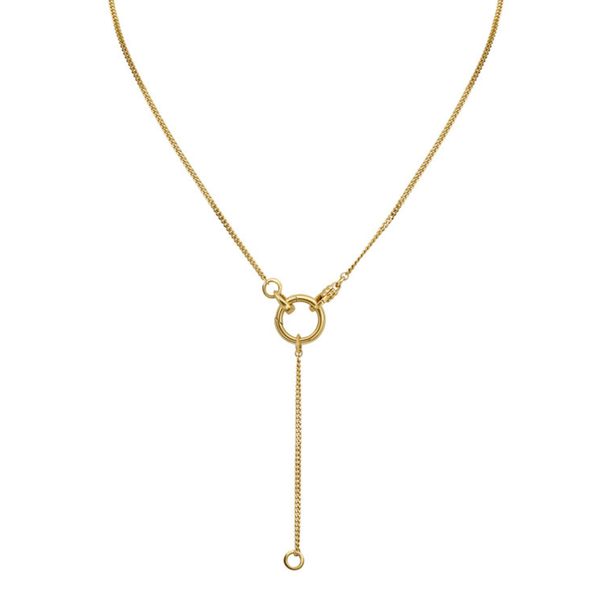 Convertible four piece chain. 1.75 mm width, 18K curb chain lengthe in 16" and 2" long with two removable clip bails. Total chain length approx 20" shown as lariat necklace on white background