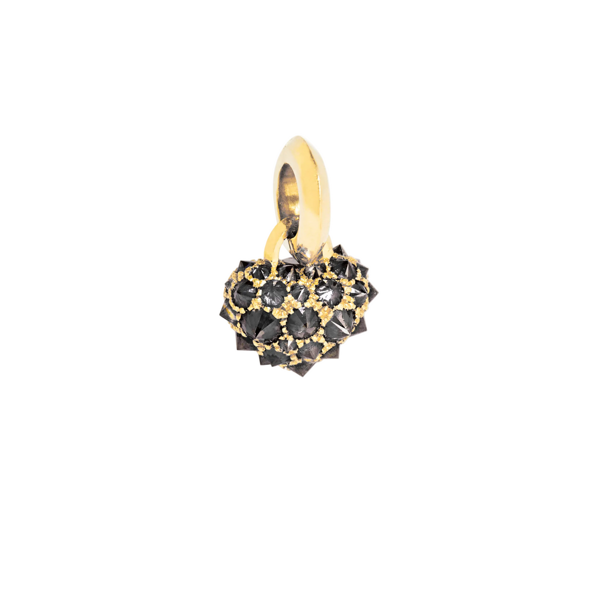 Gold heart-shaped pendant with spiked black diamond pavé shown against a white background.