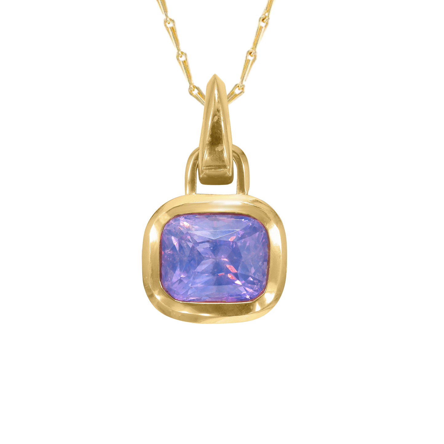 18 gold and purple shield cut sapphire pendant , by Tamsin Rasor, on a gold chain against a white background