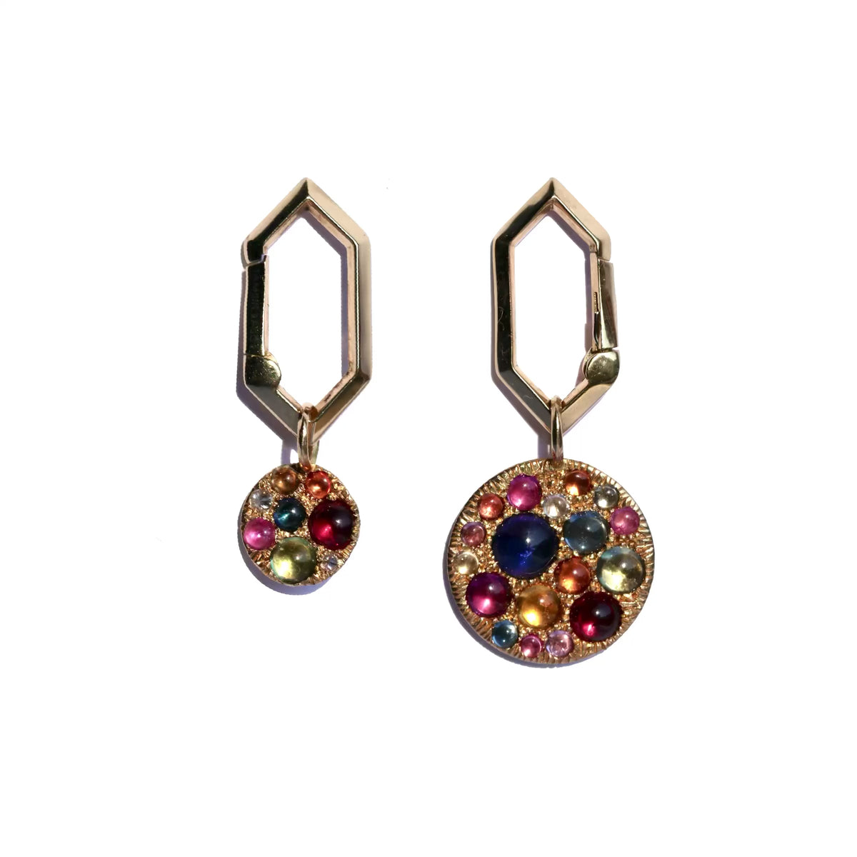 video of Makhaira clip studs with colorful gemstone drops, showing how earring charms an be added and removed!  Stop motion shot against white background