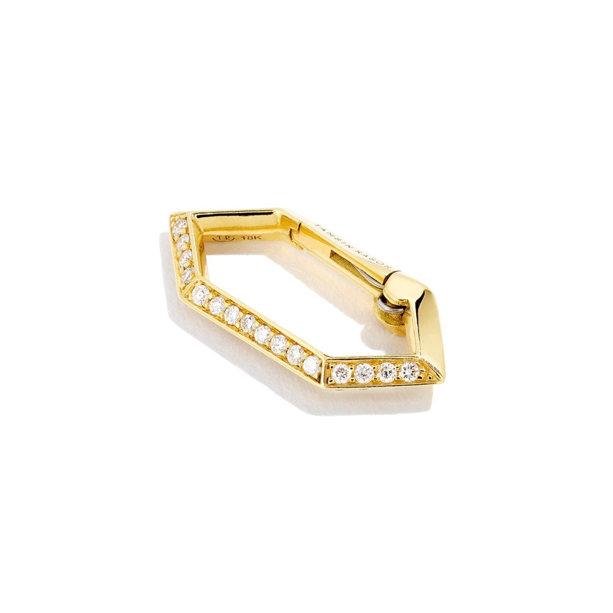 A gold elongated hexagonal charm clip with diamond pavé designed to attach to a necklace chain. Shown on white backgrund. By Tamsin Rasor