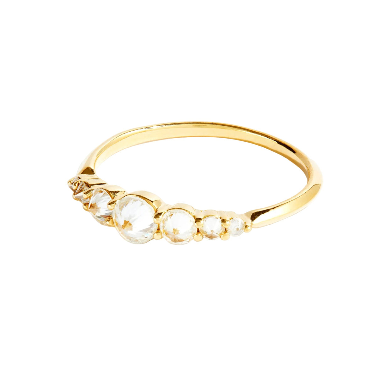 Piky sevent stone white diamond ring in 18k yellow gold by Tamsin Rasor, on white background