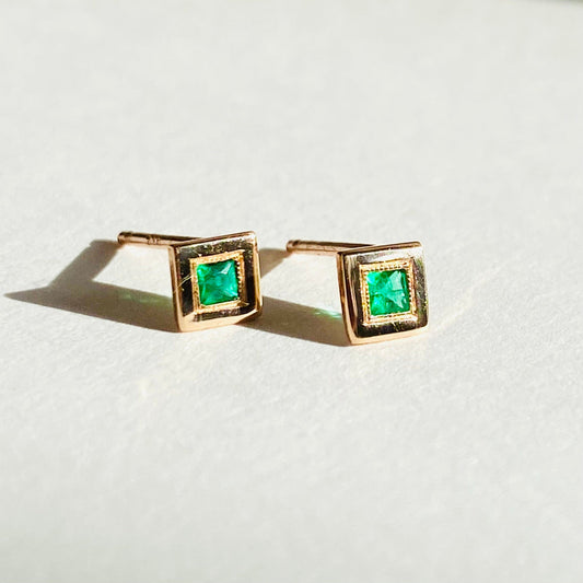 Square Cut Emerald Stud Earring - 14k Rose Gold