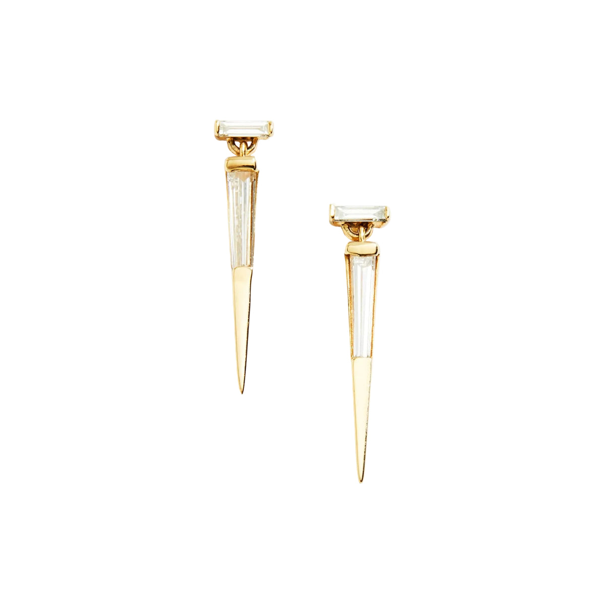 A pair of yellow gold baguette cut diamond drop earrings with a push-back closure on white background, by Tamsin Rasor.